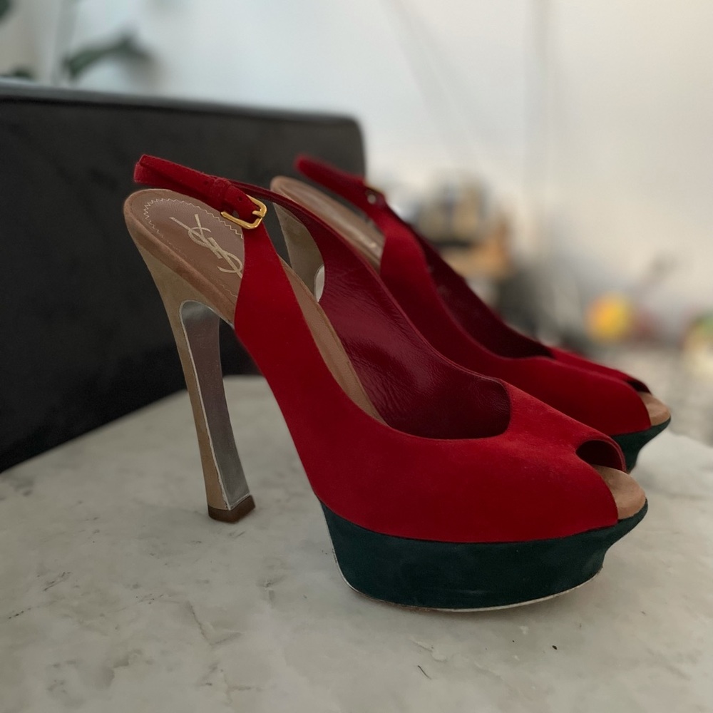 YSL size 9 suede navy and red peep toe pumps